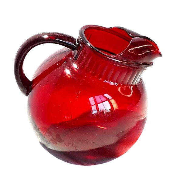 Royal Ruby Red Glass Pitcher Ball Jug Handle Ice Lip 40 oz Retro Style - Picture 3 of 6